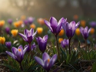 Purple Crocuses Blooming in a Field of Green