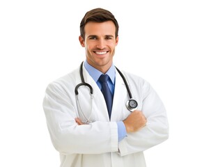 Confident male doctor in white coat and stethoscope embodies professionalism and hope in a modern clinic setting, promoting health awareness and patient care