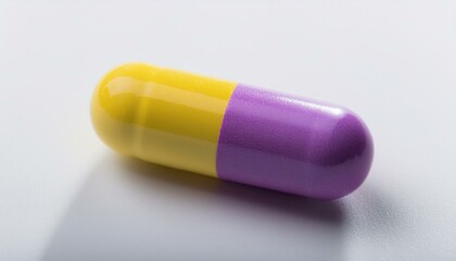 A multi-colored, two-toned pill in purple and yellow, placed flat on a blank white surface, 