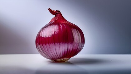 A single red onion with a soft focus on the background, its detailed layers catching the lig
