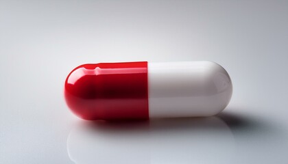 A single red and white capsule pill, perfectly centered on a pure white background with gent 