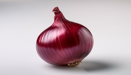 A single red onion with its papery skin intact, centered on a white background, softly lit t 