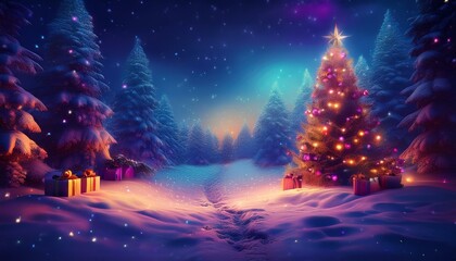 Naklejka premium 冬、雪景色、イルミネーション、森、星、光、ホリデーシーズン、夜空、ファンタジー、幻想的、祝祭、カラフル、輝く