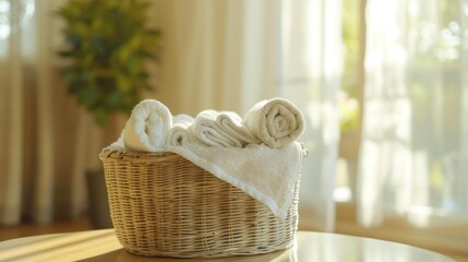 Soft White Towels in a Wicker Basket - Bathroom Decor