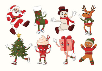 New Year retro groovy Christmas characters or mascots collection, 70s 80s vibe. Christmas Santa Claus, Snowman, Tree, Reindeer; Gift, Gingerbread man and Sock. Vector set, editable stroke.