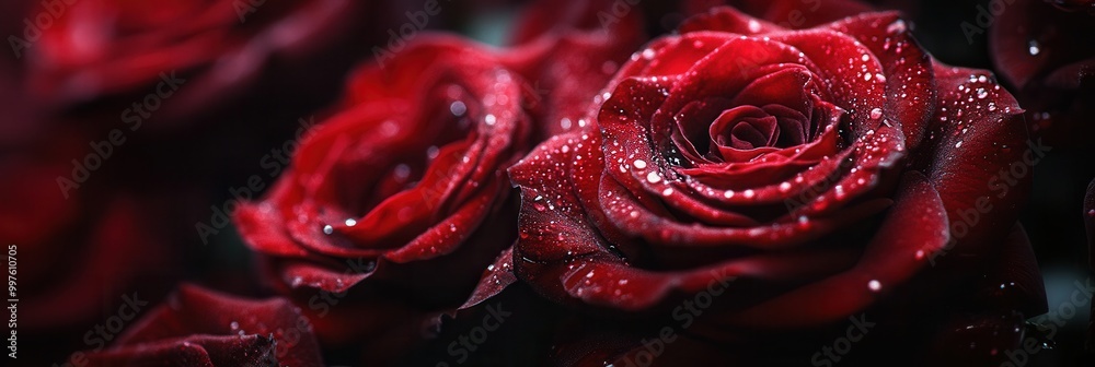 Aufkleber deep red roses display their beauty, each petal sparkling with fresh water droplets, creating a capt