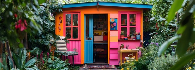 Naklejka premium 39. A whimsical garden shed turned office with quirky furniture and vibrant colors