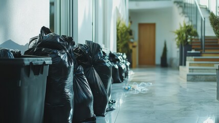 Many garbage bags and full waste bin at clean modern house, waste management concept,black plastic bag,Waiting for the rubbish keeper officers to take them away,Waste management.