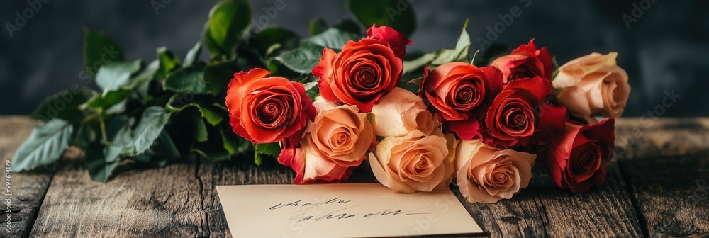 Poster a stunning arrangement of multicolored roses rests on a rustic wooden table, accompanied by a heartf