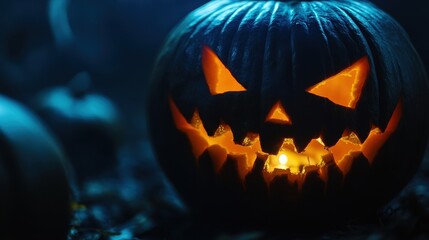 Naklejka premium Glowing Jack-o'-lantern with Evil Grin in Dark Forest