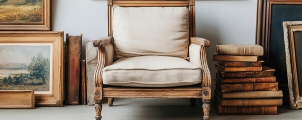 Distressed wooden armchair with faded upholstery, surrounded by antique paintings and aged books
