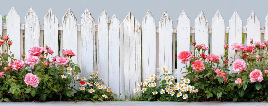 Distressed wooden fence with chipped white paint, surrounding a quaint cottage garden with roses and daisies
