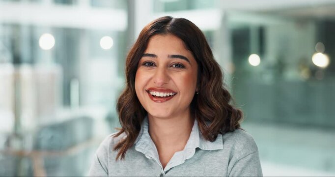 Finance, confident or face of happy woman in office for financial solution, profit or career opportunity. Portrait, smile or proud accountant ready for policy update, company payroll or bookkeeping