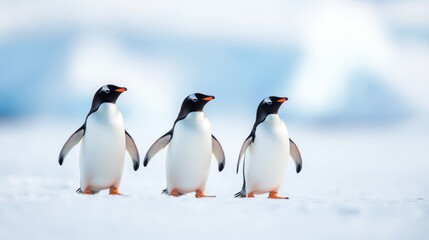 Fototapeta premium Three gentoo penguins walking across the snow in Antarctica, showcasing their distinctive features in a chilly landscape.