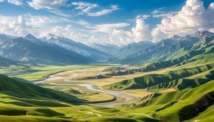 Enchanting green hillside merging with rugged mountains under a brilliant blue sky