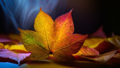 A stunning autumn leaf photoshoot, capturing vibrant hues and intricate textures against a foggy, rainy backdrop, beautifully rendered with a 50mm lens for exquisite detail.
