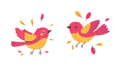 A Pair of Cute Red Robin Bird Animal with Leaves in the Park