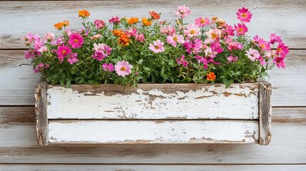Rustic wooden planter box with peeling paint, overflowing with bright, blooming wildflowers