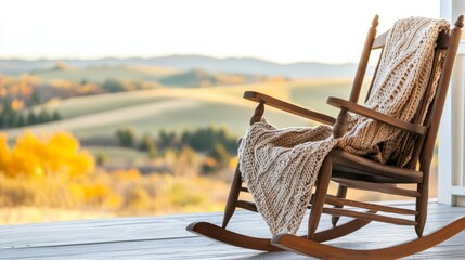 Rustic wooden rocking chair with a knitted blanket, positioned on a porch with a view of rolling hills