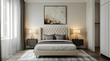 Fototapeta premium 15. A stylish master bedroom with an upholstered headboard, bedside tables, and abstract art