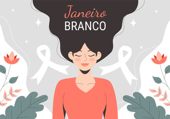 Janeiro Branco Translation of a White January Mental Health Awareness Month Vector Illustration with a Symbol the Brain and Flowers in Flat Background