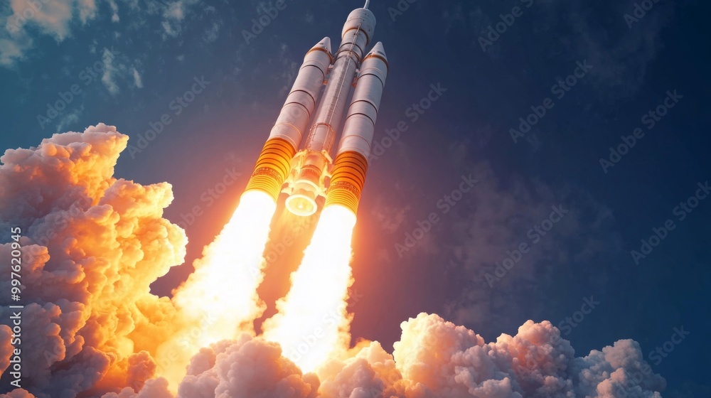 Poster a powerful rocket ascends into the sky, leaving a trail of smoke and flames behind. billowing clouds