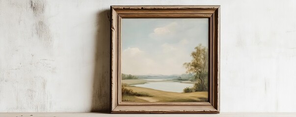 Weathered wooden frame with visible cracks, holding an old oil painting of a serene landscape
