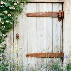 Weathered wooden garden gate with rusted hinges, partially hidden by climbing ivy and wildflowers