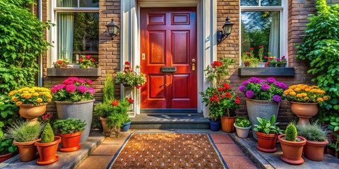 Fototapeta premium A charming home entrance featuring a warm welcome mat and vibrant potted plants creates an inviting atmosphere for