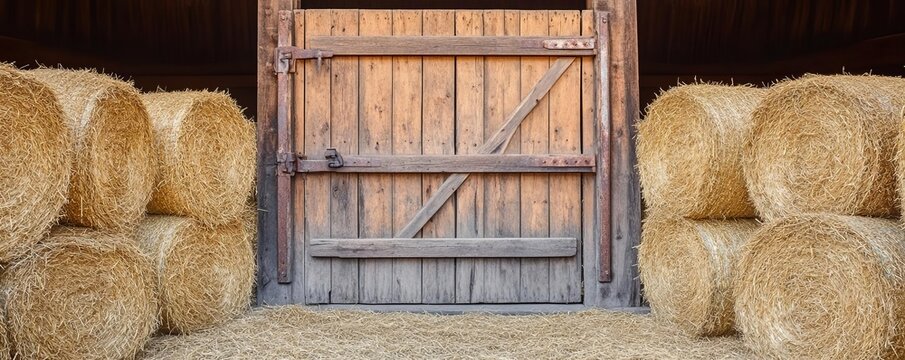 Weathered wooden horse stable door with rusty hinges, surrounded by bales of hay in a warm, sunlit barn