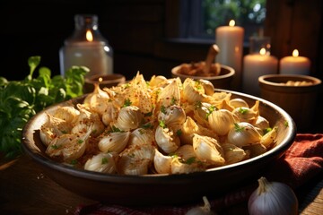 Garlic curls in a bowl on the dark wooden table, generative IA