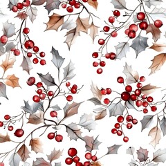 Watercolor Seamless Pattern With Red Berries and Green Leaves