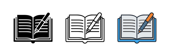 Book with pen set icon. Write a message, correspondence, chat, book, note, book, literature, education, notepad, pen, pen, ink, sheet, paper