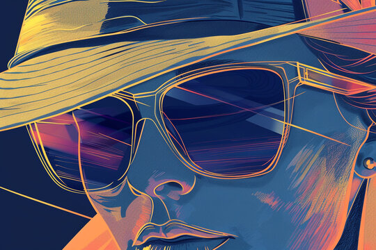 Sunglasses and Hat Illustrated in Simple Line Art Style &ndash; Smooth Side Lighting Enhances the Individuality and Style of These Fashion Items, Perfect for Trendsetters and Fashion Lovers