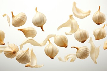 Fototapeta premium Peeled garlic cloves falling isolated in the white background, generative IA