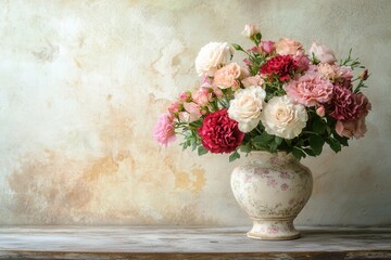 A beautiful arrangement of roses and carnations in a vintage vase enhances the charm of an antique wooden table. Generative AI © Anat art
