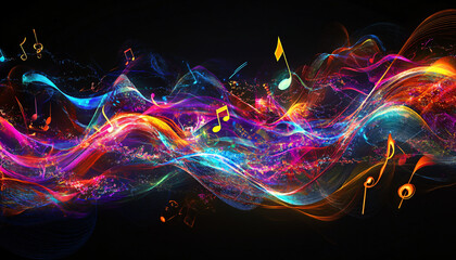 Obraz premium Visual representations of soundwaves in bright colors, accompanied by abstract notes and instruments for a modern, rhythmic aesthetic