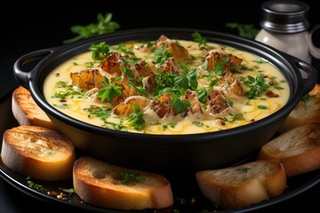 Garlic soup covered with choutons in black bowl isolated in the white background, generative IA