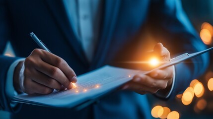 Businessman touches an electronic document with his finger; an audit icon glows.