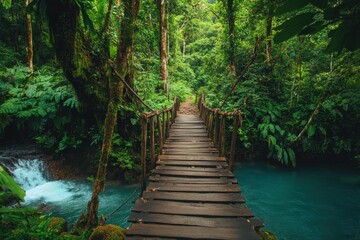 Obraz premium An adventurous trek through the Amazon rainforest, with towering trees, vibrant green foliage
