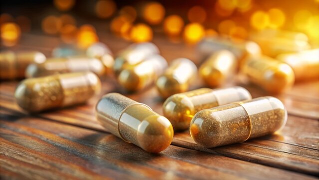 A detailed shot of tramadol capsules rests on a wooden surface, surrounded by a gently blurred backdrop and