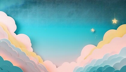 The sky background is filled with pastel fluffy clouds in a paper layer format.