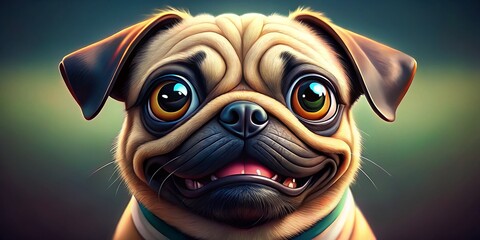 Adorable pug cartoon with oversized eyes and a joyful grin, perfect for playful designs. This charming character