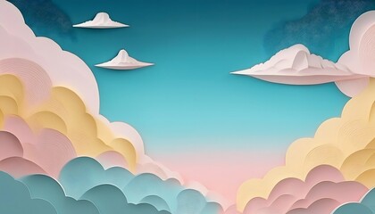 The sky background is filled with pastel fluffy clouds in a paper layer format.