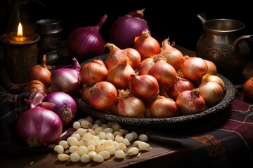 Superior view onions and garlic fresh ingredients, generative IA
