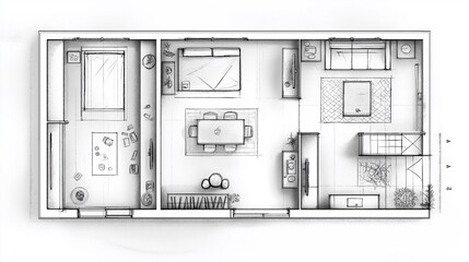 Floor plan drawn in line on a white background, mock-up of an apartment that is furnished