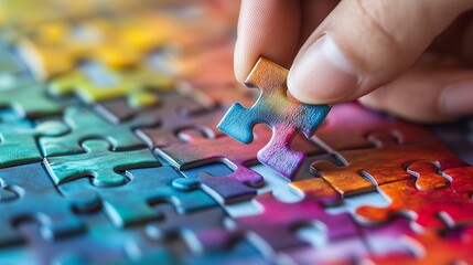 Hand putting final piece in colorful jigsaw puzzle, problem solving concept