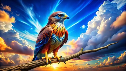 A lively cartoon buzzard sits on a branch, set against a clear blue sky filled with fluffy clouds,