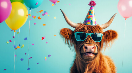 Party animal! Colorful photo of funny, happy highland cow on aqua background. Balloons, confetti, happy mood. Birthday celebration horizontal banner