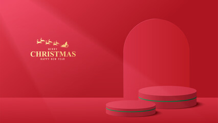 Podium Christmas. Podium for product display presentation with round circle shape. Podium platform to show product on red background. Merry Christmas background